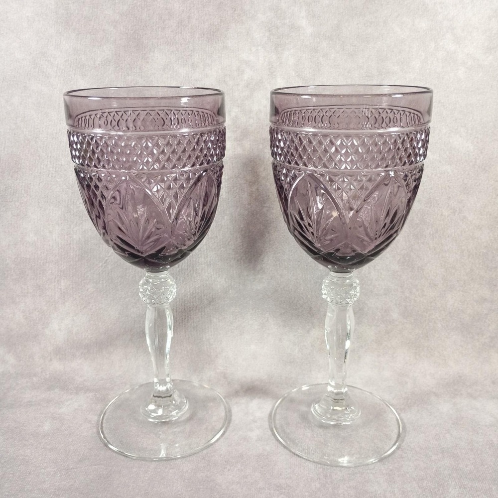 Set of 2 Cristal D'Arques Durand  Amethyst Purple Water/Wine Goblet Glass